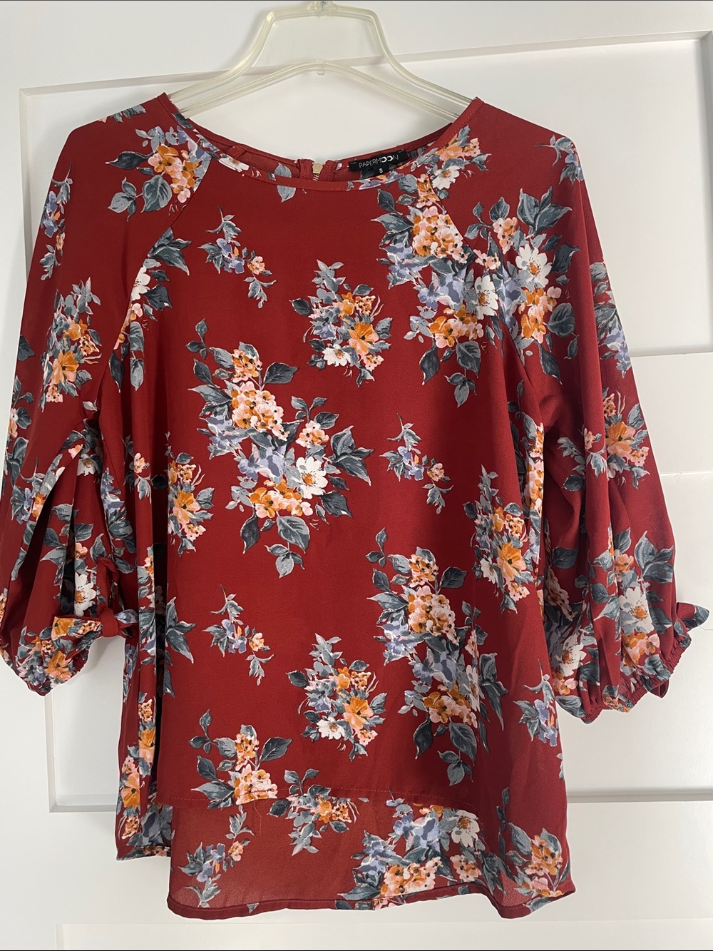 Papermoon Burgundy Floral Puff-Sleeve Blouse